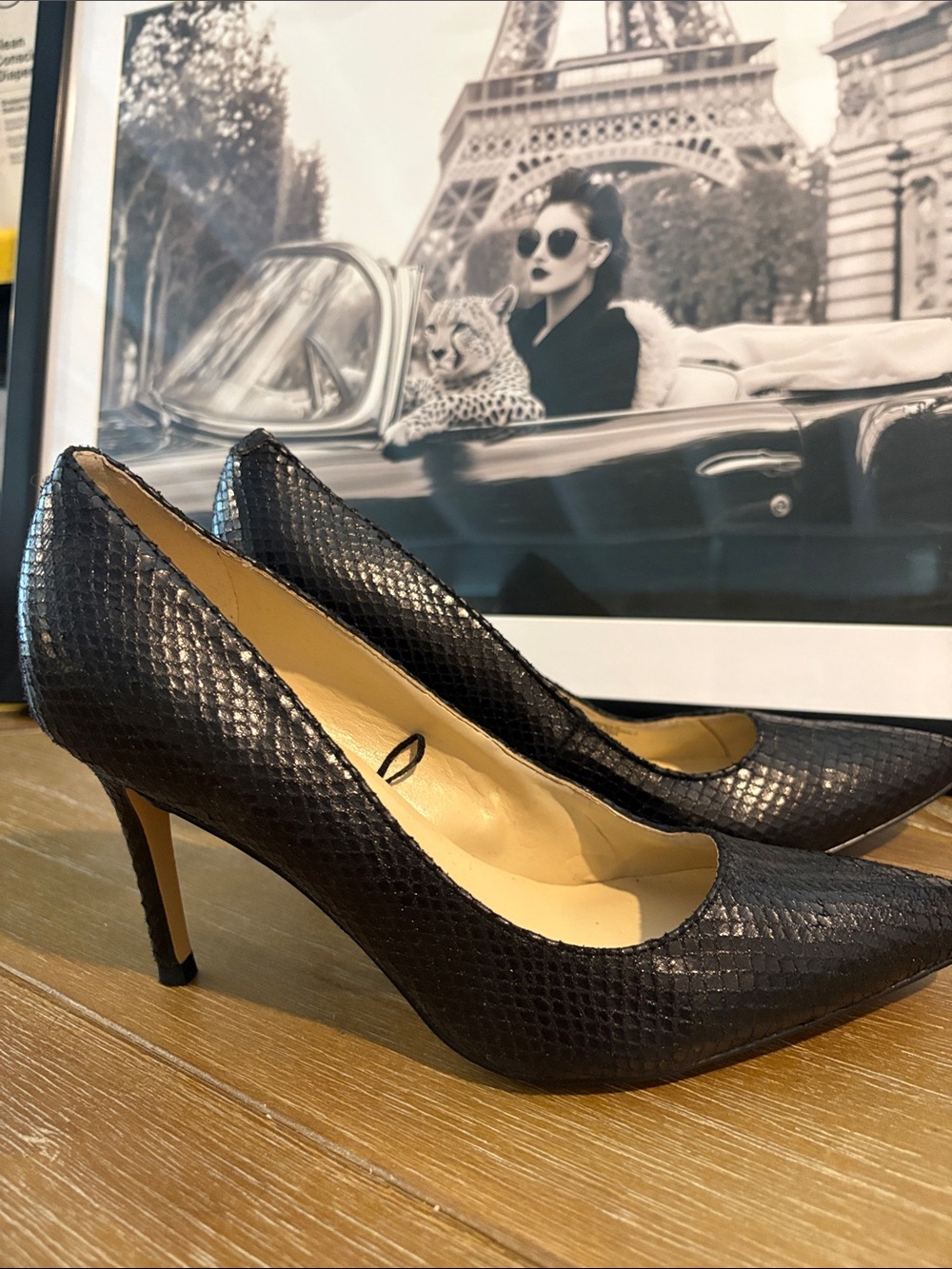 Marc Fisher Black Snake-Texture Pointed-Toe Pumps